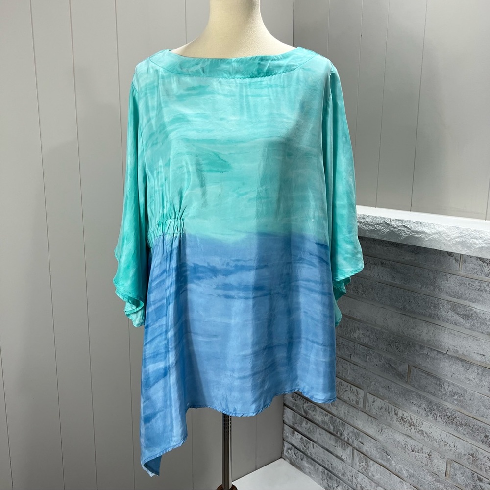 IC Collection Ombre Blue Aqua Flowing Asymmetrical Satin Tunic Top XL NWT